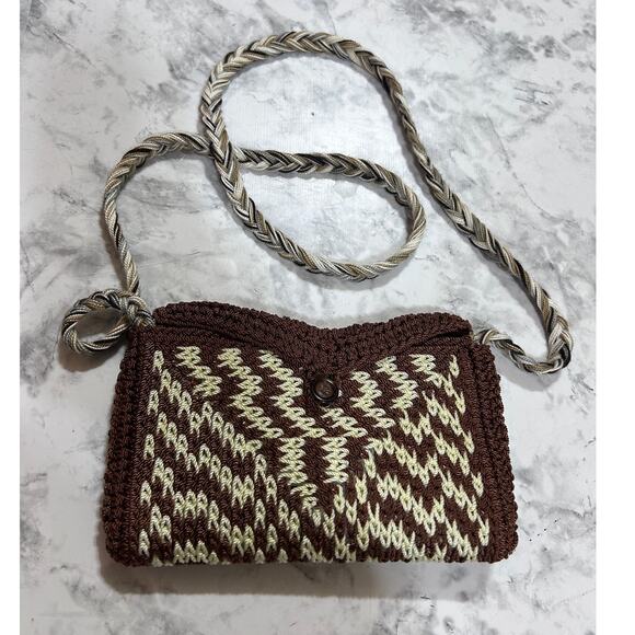 Handmade Artsy Crochet Brown Shoulder Bag 4x7 Flap Button Braided Strap Hippie - Picture 1 of 6
